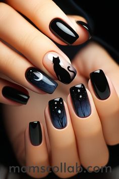 10 Cat-Themed Nail Designs That Are Purr-fectly Stylish Simple Black Cat Nails, Witchy Nail Colors, Spooky Nail Art Designs, Cat Design Nail Art, Black Cat On Nails, Acrylic Cat Nails, Halloween Nails With Cats, Purple Cat Nails, Goth Oval Nails