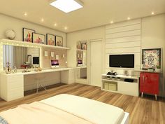 a bedroom with white furniture and lots of lights on the wall above the dressers