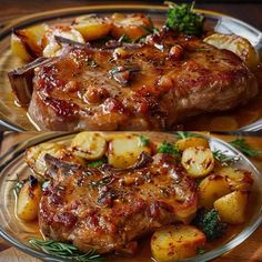 two plates with meat and potatoes on them