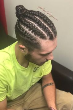 Men’s Braids Straight Hair, Braids With Man Bun, Braids For Straight Hair Men, Mens Braided Bun, Braided Hairstyles For Guys, Braids For Long Hair Men, Man Bun With Braids, Mens Straight Back Braids, Braid Hairstyle For Men