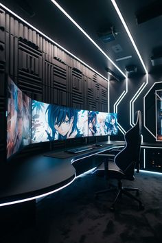 an office with three monitors and chairs in front of the screen are anime characters on them