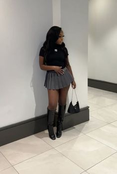 Bad And Boujee Aesthetic Outfit, Skirt Bday Outfit, Pleated Skirt Outfit Baddie, Corset With Skirt Outfits Black Women, Grey Mini Skirt Outfit Black Women, Poses Skirt Outfit, Grey Birthday Outfits, Calm Birthday Outfits Winter, Knee Boots Outfit Black Women