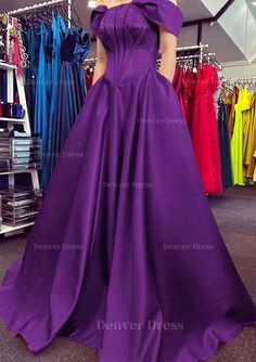 A Line Off The Shoulder Strapless Long Floor Length Satin Prom Dress Outfits For Women With Pleated Pockets Purple Off-shoulder Prom Evening Dress, Purple Off-shoulder Prom Dress, Purple Strapless Evening Dress With Sweep Train, Purple Fitted Off-shoulder Gown, Fitted Off-shoulder Purple Gown, Strapless Purple Gown For Banquet, Purple Off-shoulder Evening Dress, Purple Off-shoulder Formal Gown, Purple Off-shoulder Gown For Formal Occasions