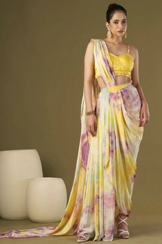 Exclusive Yellow Color Viscose Crepe Fabric Embroidered Work Party Wea Indian Prom Dresses, Pre Draped Saree, Cape For Women, Stitched Saree, Draped Saree, Padded Blouse, Drape Saree, Readymade Saree, Blue Saree