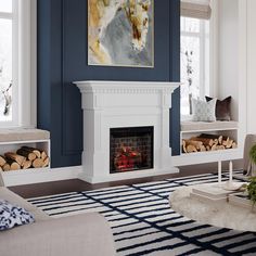 a living room filled with furniture and a fire place in front of a painting on the wall