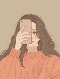 a woman taking a selfie with her cell phone in front of her face while wearing an orange sweater