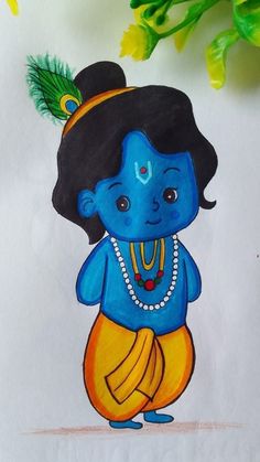 a drawing of a little boy dressed in blue and yellow with feathers on his head