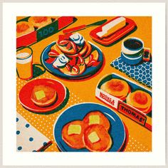 an image of breakfast on the table with oranges and blue plates by corbi