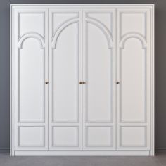 a large white closet with arched doors on the front and side panels that are open