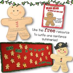 the gingerbread man is next to a bulletin board with instructions on how to use it