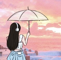 a girl with headphones is holding an umbrella and looking at the sunset over the water