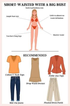 How to dress if you are short-waisted with a big bust Flattering Clothes For Big Bust, Flattering Styles For Large Bust, Tops That Flatter Large Bust, Flattering Dresses For Big Busts, What To Wear Big Bust, Tops For Women With Big Bust, Shirts For Women With Big Bust, Dress Big Bust, Large Breasted Fashion