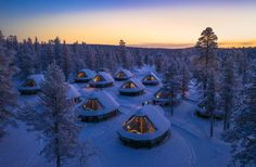 the snow covered cabins are lit up at night in the snowy woods, surrounded by pine trees