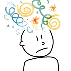 a drawing of a man with colorful swirls coming out of his head