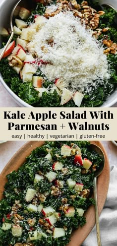 kale apple salad with parmesan and walnuts in a bowl on a table