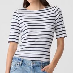 Nwt - Gap Factory Favorite Boatneck T-Shirt Women's Size Xs Navy Stripe (The Navy Is More Muted With A Hint Of Grey - The First Photo Shows The Color Best) Fit & Sizing Straight, Easy Fit. Hits At The Hip. Product Details Soft Knit. Elbow-Length Sleeves. Boatneck. Select Styles Have Allover Stripes. #883534 Fabric & Care 60% Cotton, 40% Modal. Machine Wash Cold. Imported. Basic Striped Short Sleeve Tops, White Fitted Casual T-shirt, White Fitted Cotton Short Sleeve Top, Fitted Short Sleeve White Cotton Top, Fitted White Cotton Short Sleeve Top, White Fitted Short Sleeve Cotton Top, Fitted White Short Sleeve Cotton Top, Y2k Shorts, Compression Pants