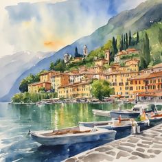 a watercolor painting of boats docked at a pier in front of an italian village