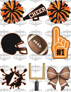 an assortment of sports related items on a white background with black and orange designs in the center