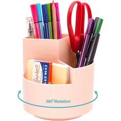 a pen holder with pens, markers and pencils in it that is labeled 360 rotary