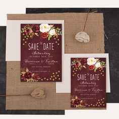 wedding stationery with burgundy and gold flowers on burluck paper, save the date cards