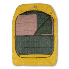 a yellow and green sleeping bag with two blankets on the top, sitting in front of a white background