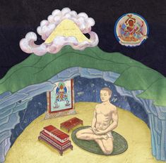 a painting of a man sitting on the ground in front of an open book case