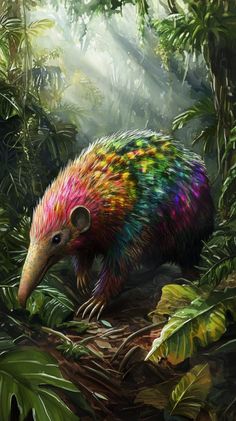 an animal with multicolored feathers walking in the jungle on a tree branch and surrounded by leaves