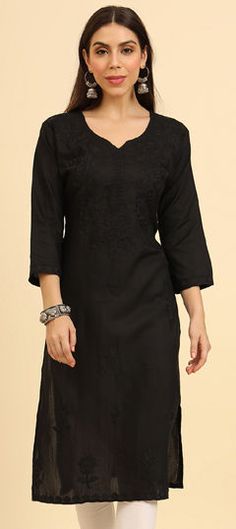 Black and Grey color Kurti in Cotton fabric with Embroidered, Resham, Thread work Formal Black Kurta With Floral Embroidery, Black Chikankari Kurta With Jeans, Kurti Outfit, Color Kurti, Casual Kurti, Reception Lehenga, Engagement Reception, Resham Work, Summer Black