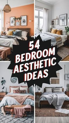 four bedroom aestheticic ideas with the words, 54 bedroom aesthetics