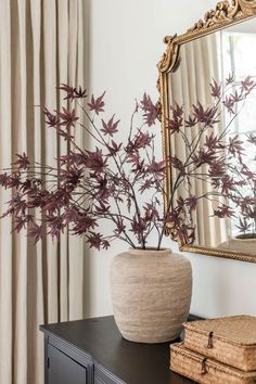 a vase filled with red leaves sitting on top of a dresser next to a mirror