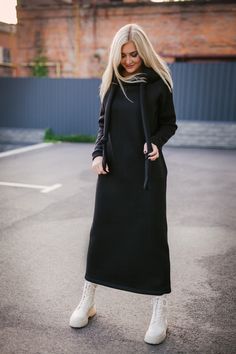 Long sweatshirt dress for women, black oversized hoodie dress with pockets, with fleece inside | spring, fall, winter sweatshirt dress. For The Days When You Want To Throw On Something Soft And Cozy.... ** Details: * Style: Maxi. * Occasion: Casual, Dressy, Vacation, Fall/Winter Dressing. * Neckline: Hoodie * Sleeve: Long * Pockets: Side Seam * Fit: Loose * Fabric: 90% Cotton, 10% Polyester * Fabric Weight: Medium, Unlined * Fabric Type: Fleece * Fabric Pattern: Sweatshirt Fleece - Fuzzy, Plush Long Hoodie Dress, Long Sweatshirt Dress, Black Hoodie Dress, Oversized Hoodie Dress, Long Sleeve Sweatshirt Dress, Winter Dressing, Womens Hoodies, Winter Dress Outfits, Fleece Dress