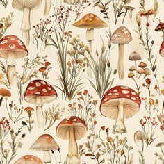 a painting of mushrooms and plants on a white background