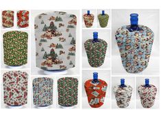 several different styles of wine bottle covers with christmas trees and snowmen on them, all in various designs