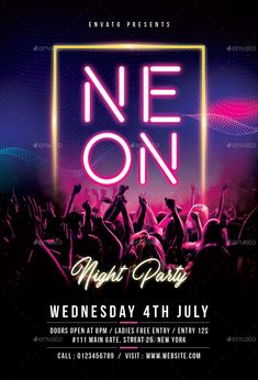 a party flyer with neon lights and people in the background