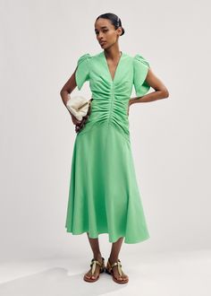 Fitted Green Midi Dress With Gathered Sleeves, Green Ruched Midi Dress With Fitted Bodice, Green Midi Dress With Ruched Fitted Bodice, V-neck Midi Dress With Ruched Fitted Bodice, Elegant Green Dress With Gathered Neckline, Workwear Midi Dress With Fitted Bodice And Ruched Detail, Workwear Midi Dress With Ruched Fitted Bodice, Ruched Midi Dress With Fitted Bodice For Work, Spring Formal Midi Dress With Gathered Waist