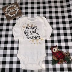 Adorable Baby’s First Christmas Onesie. Brand New! First Christmas Onesie, Christmas Onesie, Babies First Christmas, Adorable Baby, First Christmas, Kids Shirts, Onesies, Shirts Tops, White Black