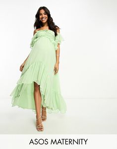 ASOS DESIGN Maternity ruffle cut out off the shoulder maxi dress with hi low hem in sage green | ASOS Summer Maternity Off-shoulder Maxi Dress, Green Off-shoulder Midi Dress With Ruffles, Green Off-shoulder Ruffled Midi Dress, Spring Green Maternity Dress For Party, Green Off-shoulder Flowy Maxi Dress, Green Maxi Length Maternity Dress, Green Maxi Maternity Dress For Spring, Green Maxi Maternity Dress, Green Maxi Dress For Maternity