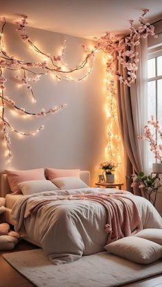 a bedroom decorated in pink and white with lights on the wall