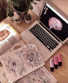 an open laptop computer sitting on top of a desk next to notebooks and pens