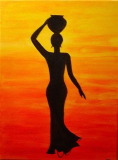 a painting of a woman in silhouette with a hat on her head and an orange background