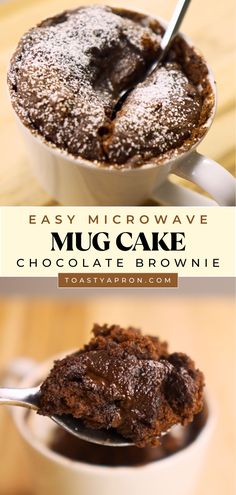 chocolate microwave mug cake in a white bowl with spoon