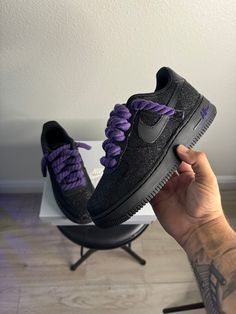 custom made af1 with black glitter and purple bottom with purple rope laces. Please select your size and I will get started on your shoes. No returns as these are customs and made to order. Purple And Black Shoes, White Forces, Purple Bottoms, Purple Bottom, Chill Room, Custom Air Force 1, Purple Shoes, Sneakers Athletic, Tampa Fl