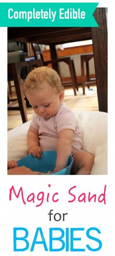 a baby sitting on top of a blue bowl