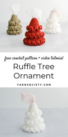 three crocheted christmas trees with the text free crochet video tutor ruffle tree ornament