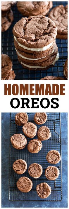 homemade oreo cookies on a cooling rack with the words, homemade oreos above them