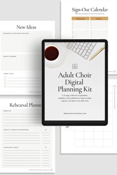 the adult choir digital planning kit is shown on top of a tablet and surrounded by other items