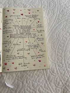 an open notebook with things i love recently written on it