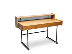 a wooden desk with metal legs and a drawer on the top, against a white background