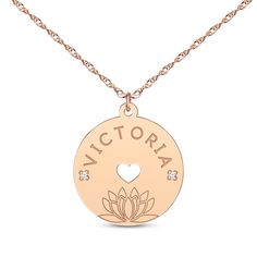 Celebrate her with the one-of-a-kind look of this personalized circle necklace. Crafted in 14K rose gold The disc pendant features the name and birth month flower you choose A heart cutout and two diamond accents complete the design The pendant suspends along an adjustable 18-inch rope chain that secures with a spring ring clasp Rose Gold Laser Engraved Jewelry For Anniversary, Laser Engraved Rose Gold Jewelry For Anniversary, Rose Gold Round Necklace With Laser Engraving, Rose Gold Laser Engraved Round Pendant Jewelry, Rose Gold Laser Engraved Round Pendant, Rose Gold Laser Engraved Jewelry, Laser Engraved Rose Gold Round Jewelry, Laser Engraved Round Rose Gold Jewelry, Rose Gold Round Disc Jewelry For Mother's Day