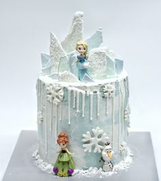 there is a cake with frosting on the top and an image of a frozen princess